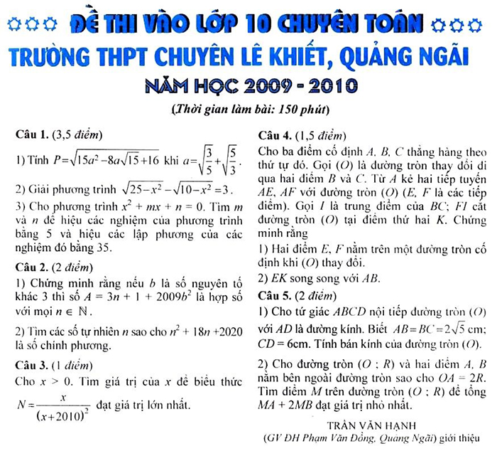 Đề thi vào lớp 10 chuyên Toán THPT chuyên Lê Khiết, Quảng Ngãi 2009